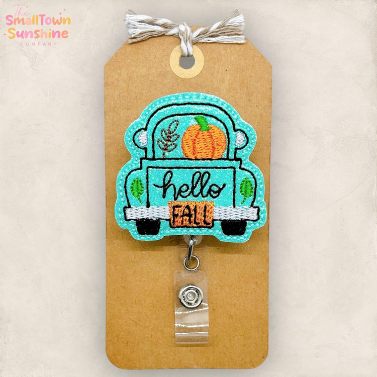 Hello Fall Truck Badge Reel, Pumpkin Truck Badge Reel, Nurse Badge Clip, Teacher Lanyard, Coworker Gift, Retractable ID Holder | GLITTER