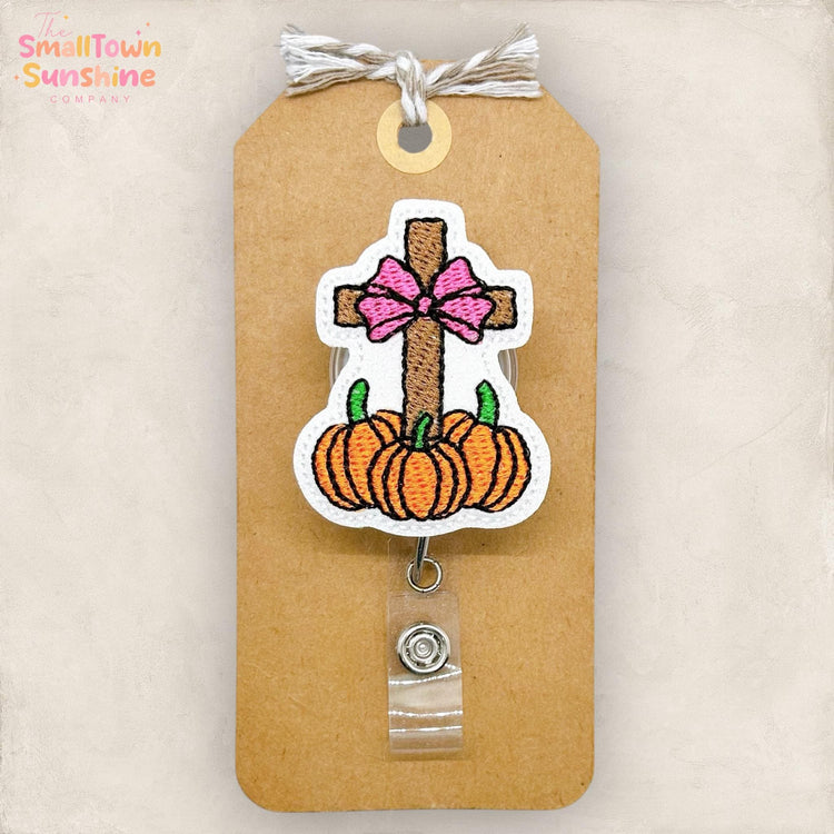 Fall Cross with Pumpkins, Christian Badge Reel, Nurse Badge Clip, Teacher Lanyard, Coworker Gift, Topper, Retractable ID Holder | GLITTER