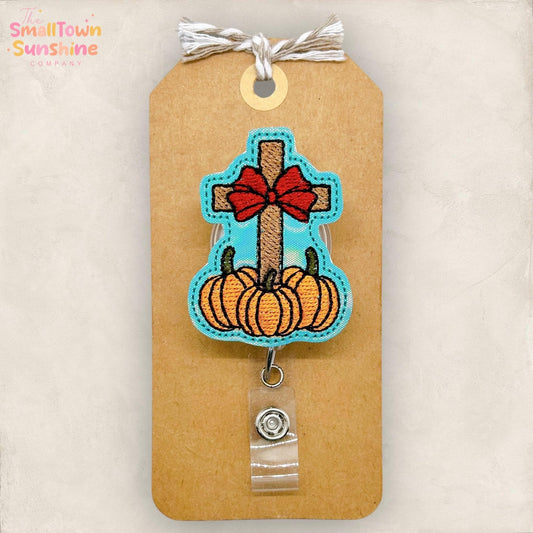 Fall Cross with Pumpkins Badge Reel, Christian Name Tag, Nurse Badge Clip, Teacher Lanyard, Coworker Gift, Topper, Retractable ID Holder