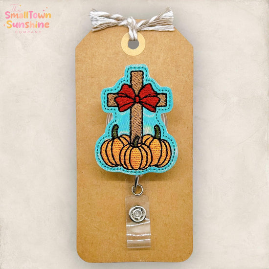 Fall Cross with Pumpkins Badge Reel, Christian Name Tag, Nurse Badge Clip, Teacher Lanyard, Coworker Gift, Topper, Retractable ID Holder