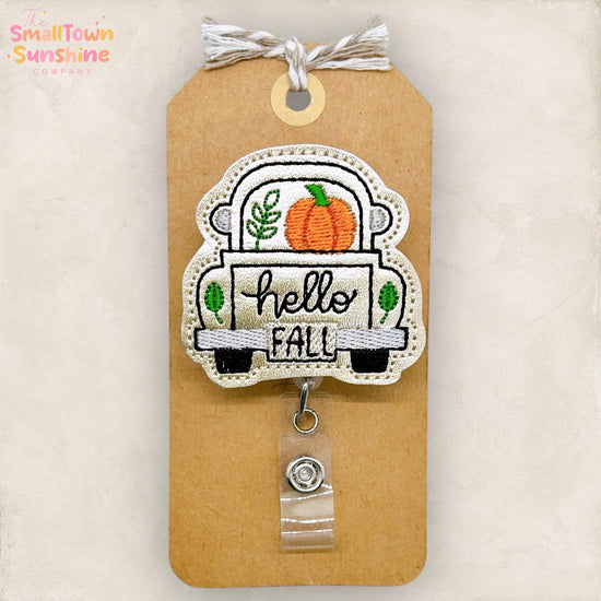 Hello Fall Truck Badge Reel, Pumpkin Truck Badge Reel, Nurse Badge Clip, Teacher Lanyard, Coworker Gift, Topper, Retractable ID Holder