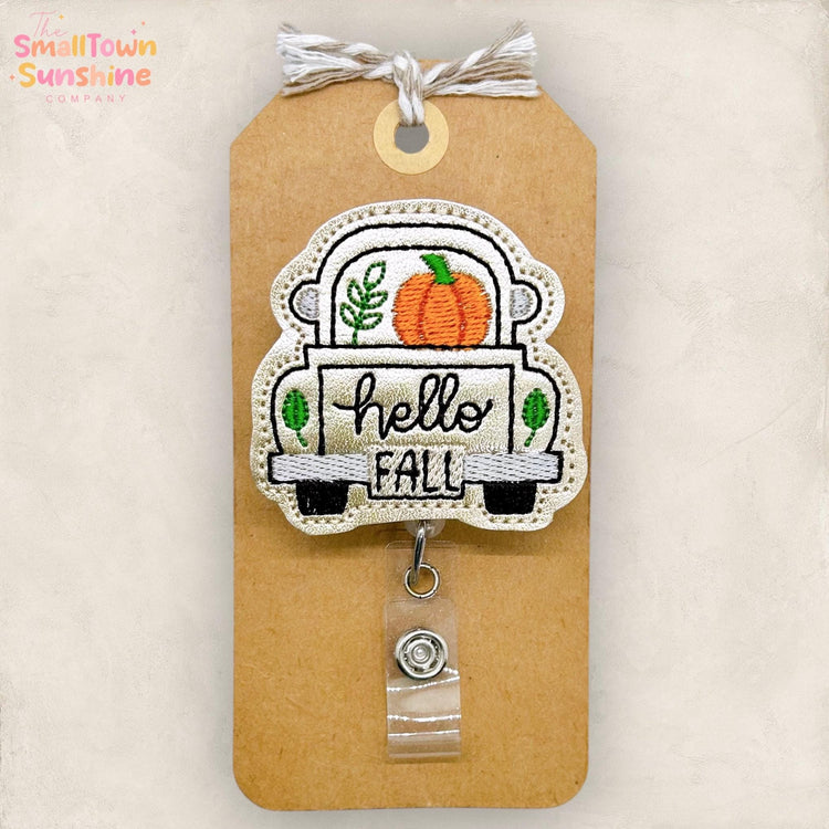 Hello Fall Truck Badge Reel, Pumpkin Truck Badge Reel, Nurse Badge Clip, Teacher Lanyard, Coworker Gift, Topper, Retractable ID Holder