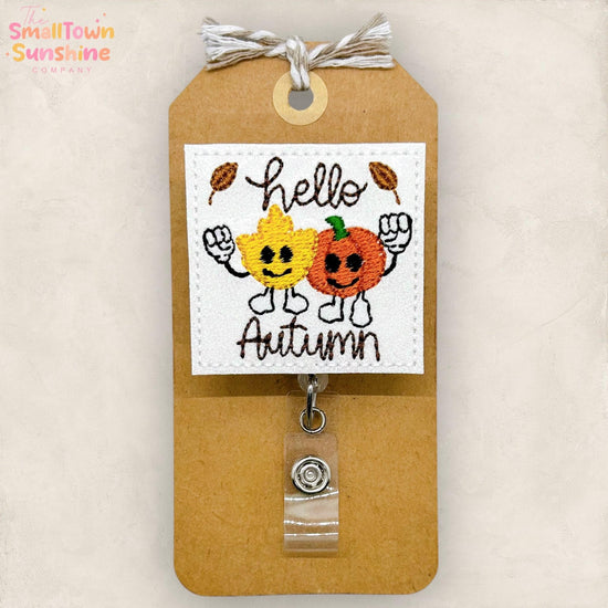 Retro Hello Autumn Badge Reel, Fall Badge Reel, Nurse Badge Clip, Teacher Lanyard, Coworker Gift, Topper, Retractable ID Holder | GLITTER
