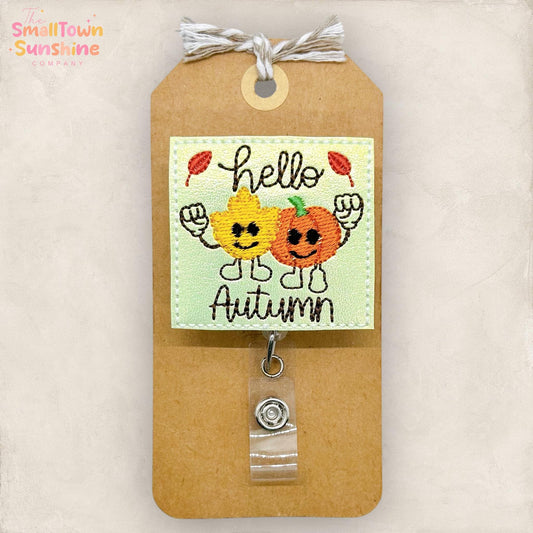 Retro Hello Autumn Badge Reel, Fall Badge Reel, Nurse Badge Clip, Teacher Lanyard, Coworker Gift, Topper, Name Tag, Retractable ID Holder