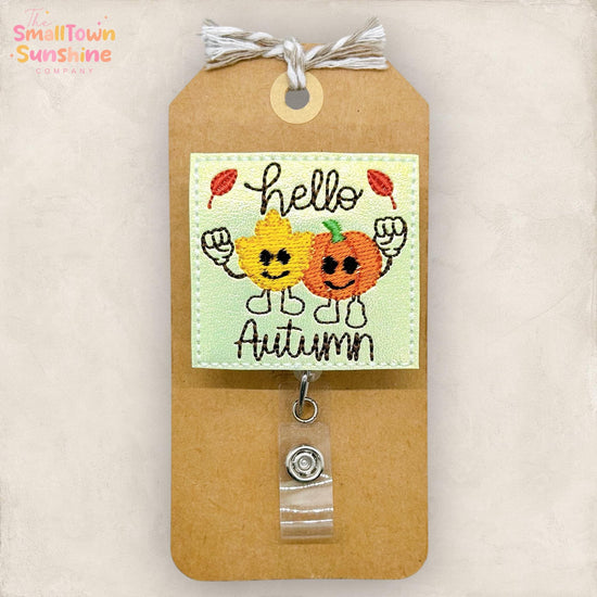 Retro Hello Autumn Badge Reel, Fall Badge Reel, Nurse Badge Clip, Teacher Lanyard, Coworker Gift, Topper, Name Tag, Retractable ID Holder