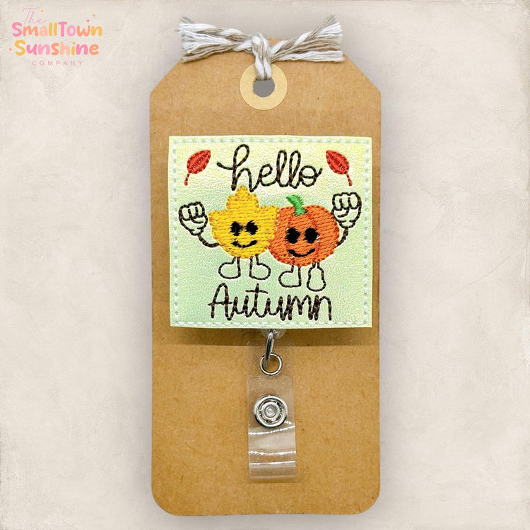 Retro Hello Autumn Badge Reel, Fall Badge Reel, Nurse Badge Clip, Teacher Lanyard, Coworker Gift, Topper, Name Tag, Retractable ID Holder