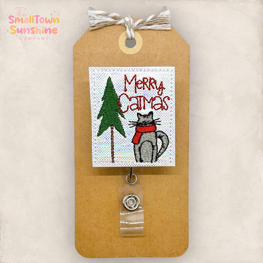Merry Catmas Badge Reel, Christmas Badge Reel, Nurse Badge Clip, Teacher Lanyard, Coworker Gift, Name Tag, Retractable ID Holder | GLITTER