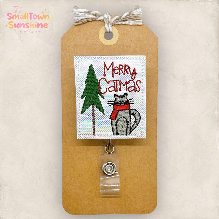 Merry Catmas Badge Reel, Christmas Badge Reel, Nurse Badge Clip, Teacher Lanyard, Coworker Gift, Name Tag, Retractable ID Holder | GLITTER