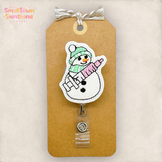 Nurse Snowman Syringe Badge Reel, Winter Badge Reel, Nurse Badge Clip, Hospital Lanyard, Coworker Gift, Retractable ID Holder | GLITTER