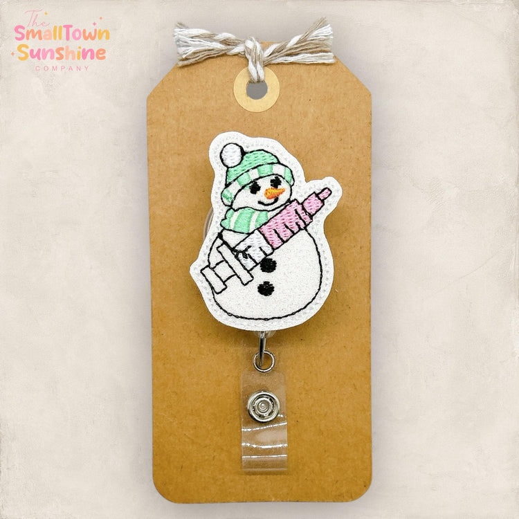 Nurse Snowman Syringe Badge Reel, Winter Badge Reel, Nurse Badge Clip, Hospital Lanyard, Coworker Gift, Retractable ID Holder | GLITTER
