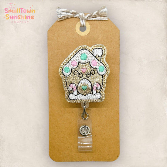 Pastel Gingerbread House Badge Reel, Christmas Name Tag, Nurse Badge Clip, Teacher Lanyard, Coworker Gift, Retractable ID Holder | GLITTER