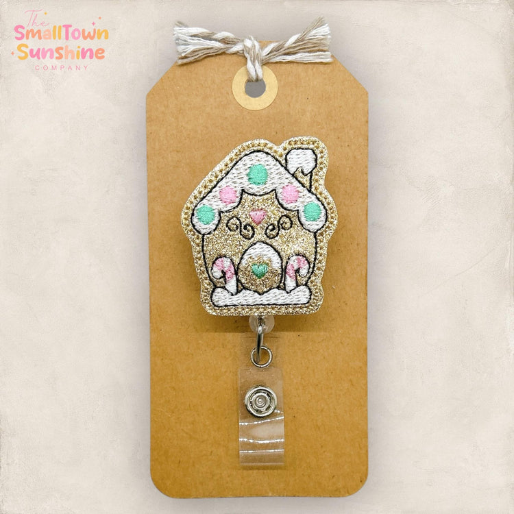 Pastel Gingerbread House Badge Reel, Christmas Name Tag, Nurse Badge Clip, Teacher Lanyard, Coworker Gift, Retractable ID Holder | GLITTER
