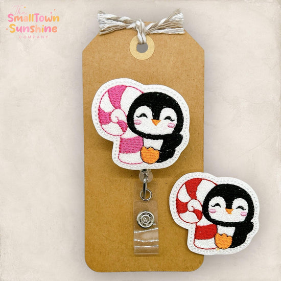 Candy Cane Penguin Badge Reel, Christmas Name Tag, Nurse Badge Clip, Teacher Lanyard, Coworker Gift, Retractable ID Holder | GLITTER