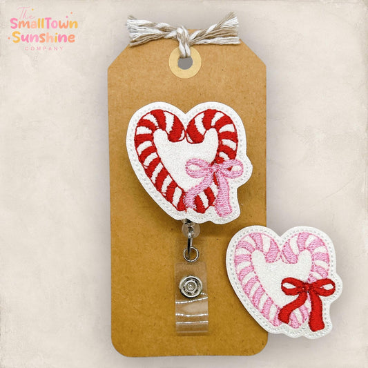 Candy Cane Heart Badge Reel, Christmas Bow Name Tag, Nurse Badge Clip, Teacher Lanyard, Coworker Gift, Retractable ID Holder | GLITTER
