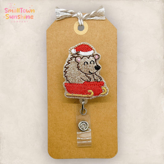 Sledding Hedgehog Badge Reel, Winter Badge Reel, Nurse Badge Clip, Teacher Lanyard, Coworker Gift, Name Tag, Retractable ID Holder | GLITTER