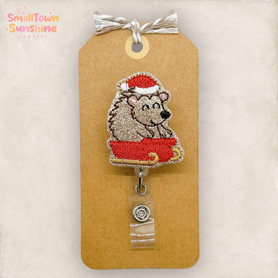 Sledding Hedgehog Badge Reel, Winter Badge Reel, Nurse Badge Clip, Teacher Lanyard, Coworker Gift, Name Tag, Retractable ID Holder | GLITTER