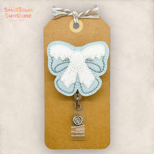 Snow Capped Bow Badge Reel, Winter Badge Reel, Nurse Badge Clip, Teacher Lanyard, Coworker Gift, Name Tag, Retractable ID Holder | GLITTER
