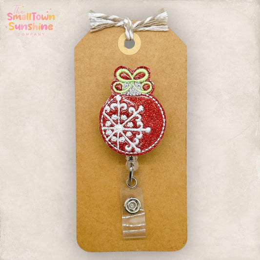 Vintage Red Ornament Badge Reel, Christmas Badge Reel, Nurse Badge Clip, Teacher Lanyard, Coworker Gift, Retractable ID Holder | GLITTER