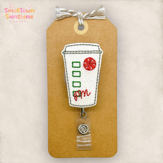 Peppermint Mocha Badge Reel, Christmas Coffee Badge Reel, Nurse Badge Clip, Teacher Lanyard, Coworker Gift, Retractable ID Holder | GLITTER
