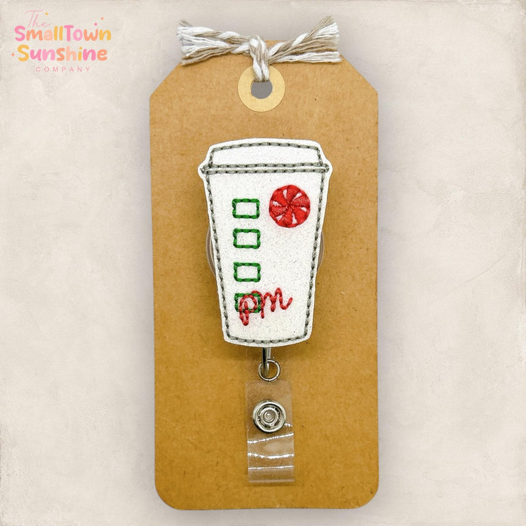 Peppermint Mocha Badge Reel, Christmas Coffee Badge Reel, Nurse Badge Clip, Teacher Lanyard, Coworker Gift, Retractable ID Holder | GLITTER