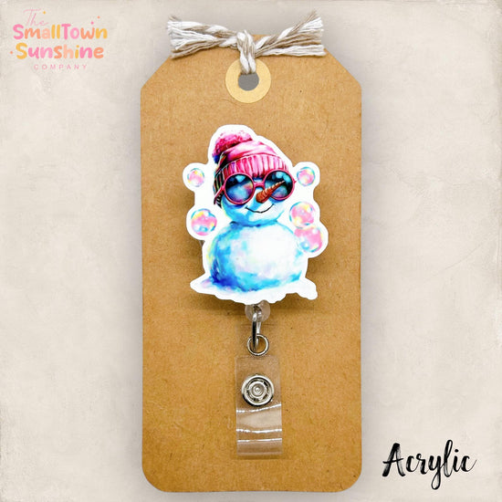 Chill Pink Snowman Badge Reel, Winter Name Tag, Nurse Badge Clip, Teacher Lanyard, Coworker Gift, Topper, Retractable ID Holder | ACRYLIC