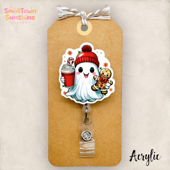Ghost of Christmas Badge Reel, Festive Name Tag, Nurse Badge Clip, Teacher Lanyard, Coworker Gift, Topper, Retractable ID Holder | ACRYLIC