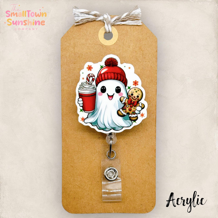 Ghost of Christmas Badge Reel, Festive Name Tag, Nurse Badge Clip, Teacher Lanyard, Coworker Gift, Topper, Retractable ID Holder | ACRYLIC