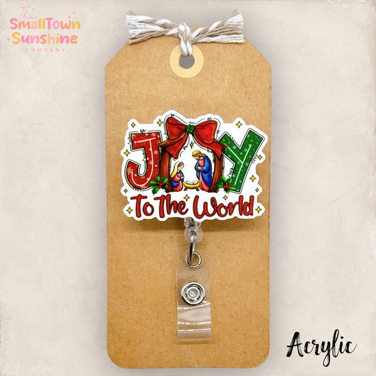 Joy to the World Badge Reel, Christmas Nativity Name Tag, Teacher Lanyard, Coworker Gift, Swappable Topper, Retractable ID Holder | ACRYLIC