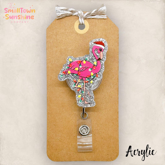 Flamingo with Lights Badge Reel, Christmas Nurse Name Tag, Teacher Lanyard, Coworker Gift, Topper, Retractable ID Holder | ACRYLIC GLITTER