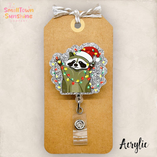 Raccoon with Christmas Lights Badge Reel, Nurse Name Tag, Teacher Lanyard, Coworker Gift, Topper, Retractable ID Holder | ACRYLIC GLITTER