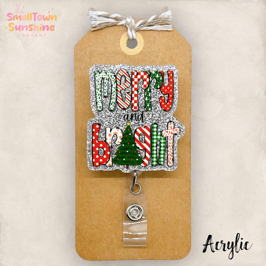 Merry and Bright Badge Reel, Christmas Name Tag, Nurse Badge Clip, Teacher Lanyard, Coworker Gift, Retractable ID Holder | ACRYLIC GLITTER