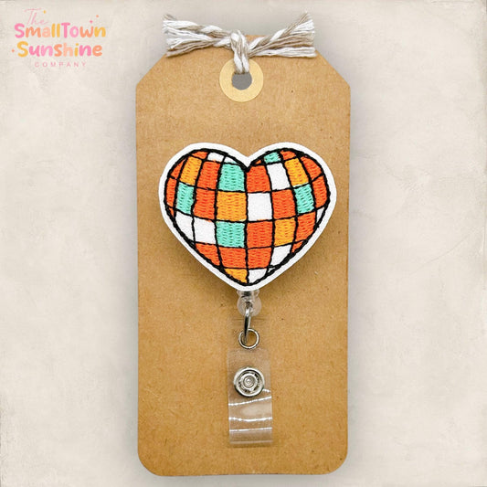 Disco Heart Badge Reel, Valentine Orange Era, Nurse Badge Clip, Teacher Lanyard, Coworker Gift, Name Tag, Retractable ID Holder | GLITTER