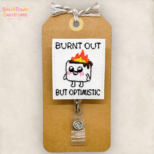 Burnt Out But Optimistic Badge Reel, Funny Marshmallow Nurse Badge Clip, Teacher Lanyard, Coworker Gift, Retractable ID Holder | GLITTER