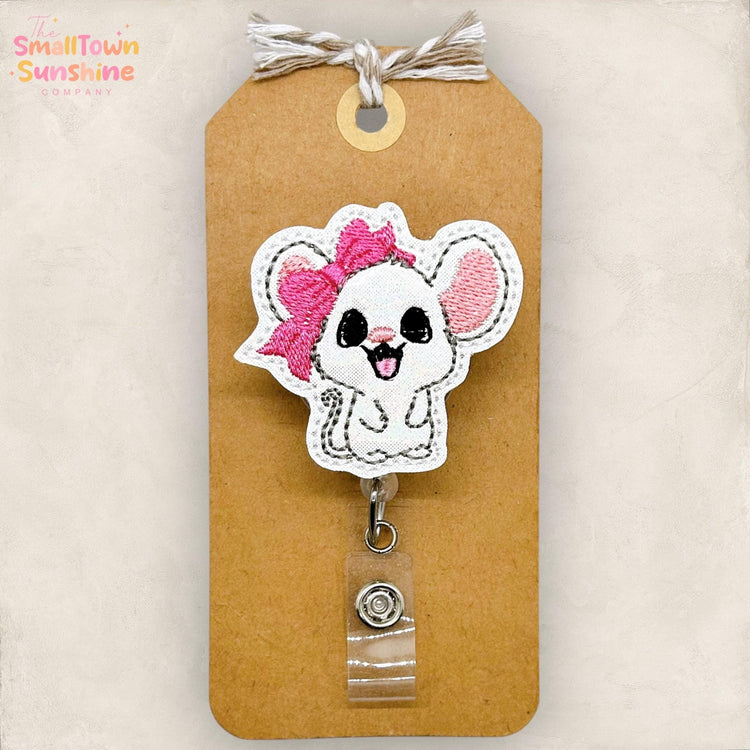 Mouse with Pink Bow Badge Reel, Animal Name Tag, Nurse Badge Clip, Teacher Lanyard, Coworker Gift, Badge Topper, Retractable ID Holder