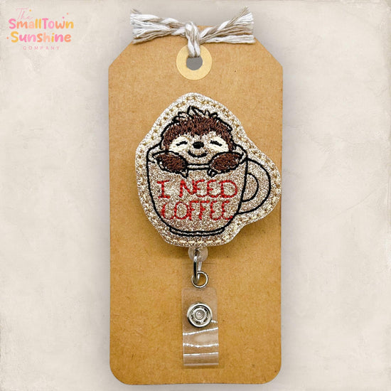 I Need Coffee Sloth Badge Reel, Coffee Lover, Nurse Badge Clip, Teacher Lanyard, Coworker Gift, Name Tag, Retractable ID Holder | GLITTER