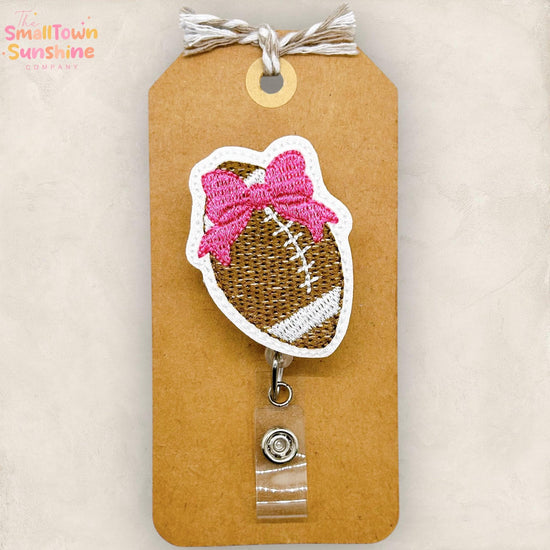 Football with Pink Bow Badge Reel, Coach Name Tag, PE Teacher Lanyard, Nurse Badge Clip, Coworker Gift, Retractable ID Holder | GLITTER
