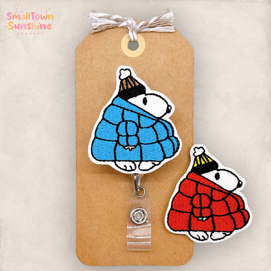 Winter Dog Badge Reel, Puffer Jacket Beagle Topper, Nurse Badge Clip, Teacher Lanyard, Coworker Gift, Retractable ID Holder | GLITTER