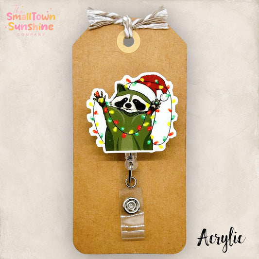 Raccoon with Christmas Lights Badge Reel, Festive Badge, Nurse Badge Clip, Teacher Lanyard, Coworker Gift, Retractable ID Holder | ACRYLIC