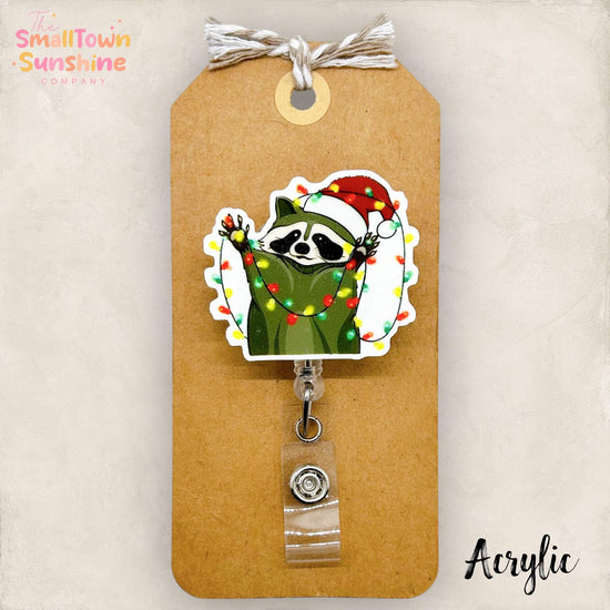 Raccoon with Christmas Lights Badge Reel, Festive Badge, Nurse Badge Clip, Teacher Lanyard, Coworker Gift, Retractable ID Holder | ACRYLIC