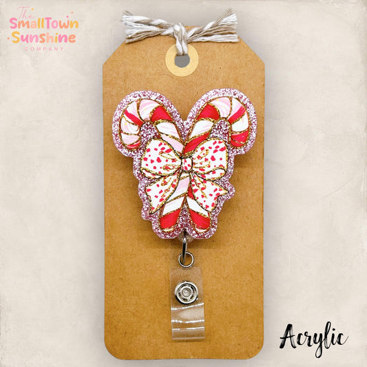 Pink Candy Cane Badge Reel, Christmas Name Tag, Nurse Badge Clip, Teacher Lanyard, Coworker Gift, Retractable ID Holder | ACRYLIC GLITTER