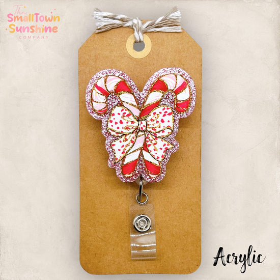 Pink Candy Cane Badge Reel, Christmas Name Tag, Nurse Badge Clip, Teacher Lanyard, Coworker Gift, Retractable ID Holder | ACRYLIC GLITTER