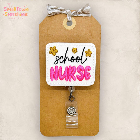 School Nurse Retractable Badge Reel: ID Holder, Interchangeable, Coworker Gift, Topper, Lanyard, MRI Safe, Heavy Duty Options | GLITTER