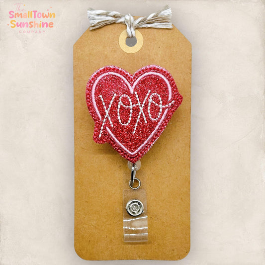 XOXO Heart Retractable Badge Reel: Valentine ID Holder, Name Tag, Topper, Coworker Gift, Lanyard, Mri Safe, Heavy Duty Options | GLITTER