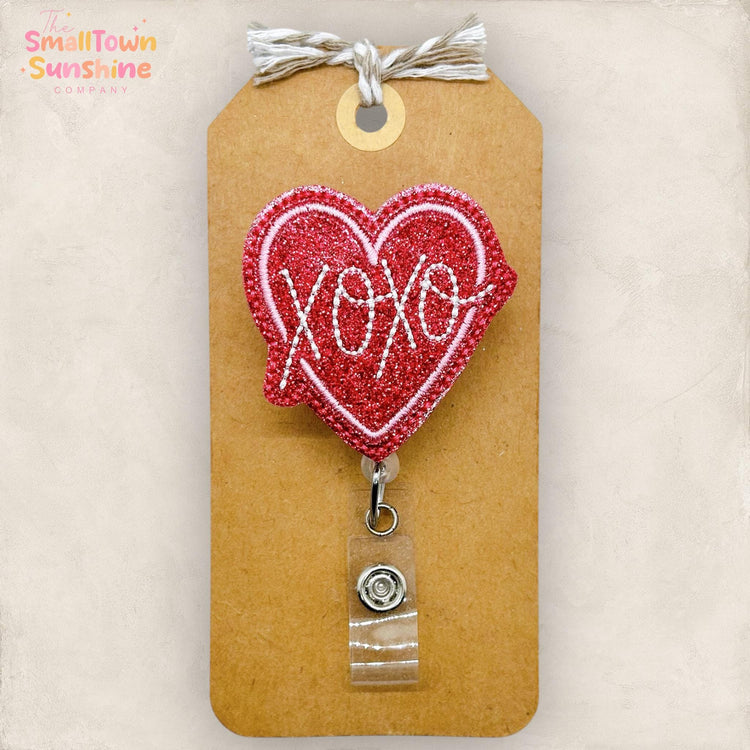 XOXO Heart Retractable Badge Reel: Valentine ID Holder, Name Tag, Topper, Coworker Gift, Lanyard, Mri Safe, Heavy Duty Options | GLITTER