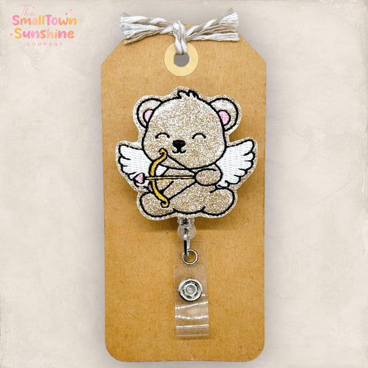 Cupid Bear Retractable Badge Reel: Valentine ID Holder, Name Tag, Topper, Coworker Gift, Lanyard, MRI Safe, Heavy Duty Options | GLITTER