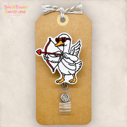 Cupid Goose Retractable Badge Reel: Valentine ID Holder, Name Tag, Topper, Coworker Gift, Lanyard, MRI Safe, Heavy Duty Options | GLITTER