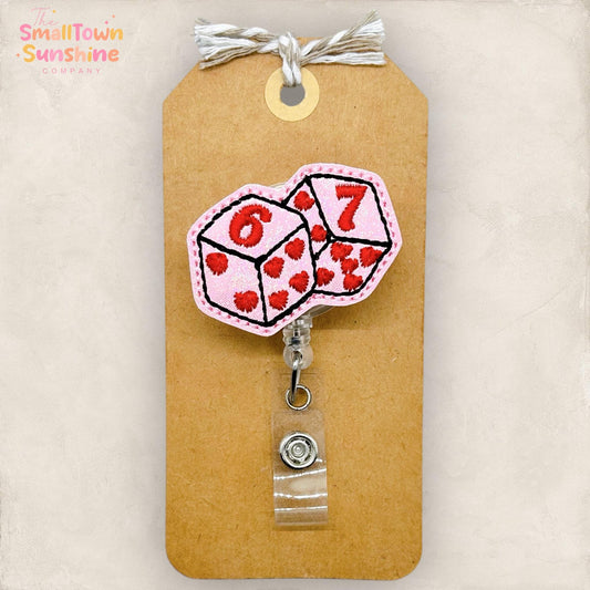 6 7 Pink Dice Retractable Badge Reel: Valentine ID Holder, Name Tag, Topper, Coworker Gift, Lanyard, MRI Safe, Heavy Duty Options