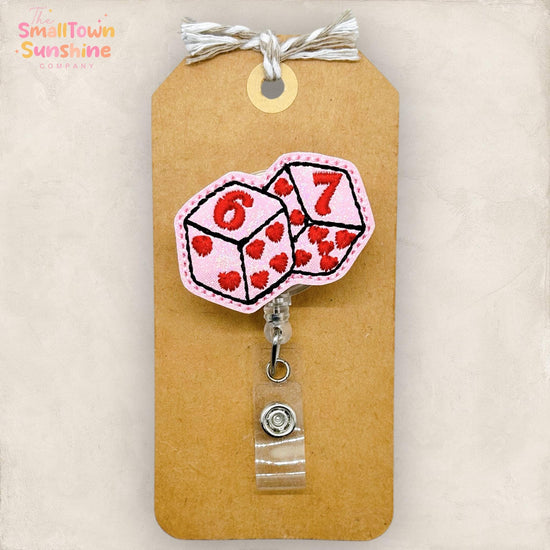 6 7 Pink Dice Retractable Badge Reel: Valentine ID Holder, Name Tag, Topper, Coworker Gift, Lanyard, MRI Safe, Heavy Duty Options