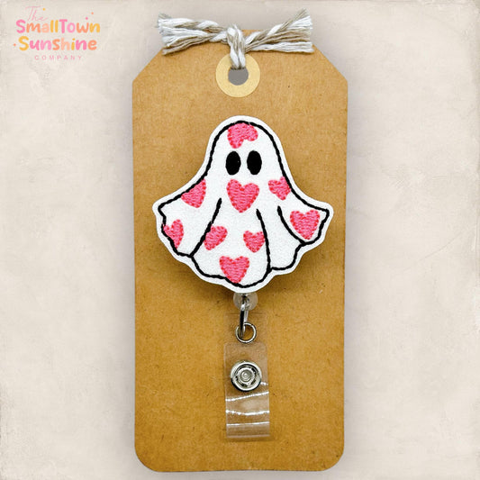 Valentine Ghost Retractable Badge Reel: ID Holder, Name Tag, Topper, Coworker Gift, Lanyard, MRI Safe, Heavy Duty Options | GLITTER