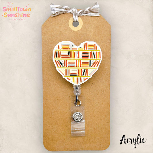 Book Shelf Heart Retractable Badge Reel: ID Holder, Name Tag, Topper, Coworker Gift, Lanyard, MRI Safe, Heavy Duty Options | ACRYLIC